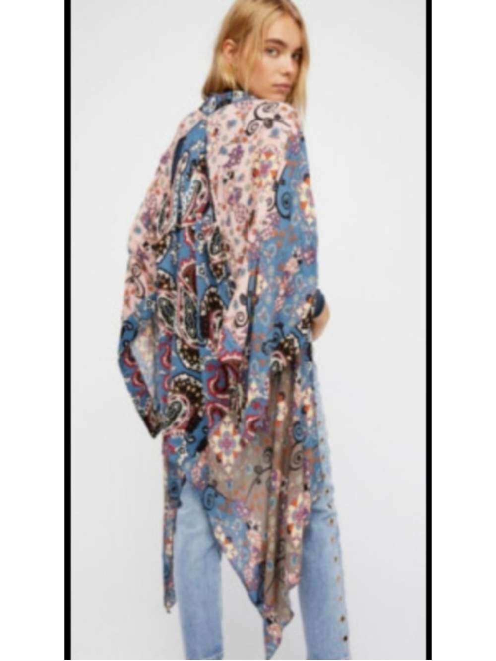 Women's Free People Boho Blue Pink Paisley Floral Cutout Kimono L Festival Szn